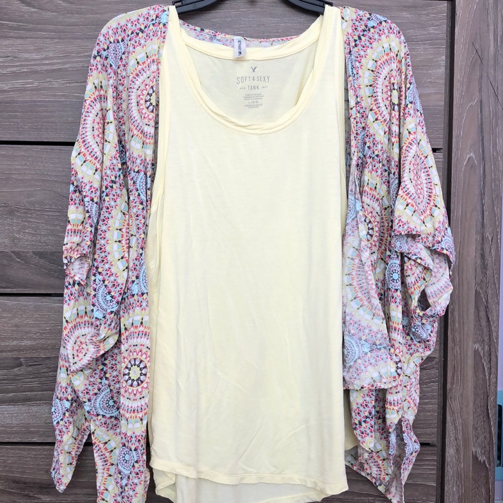 Soft yellow tee from A.E & short kimono